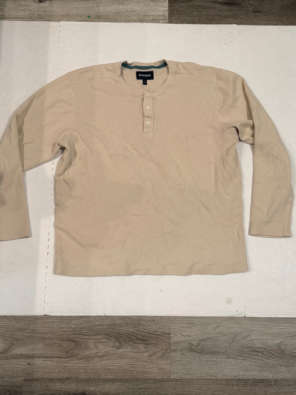 Bonobos Men's L Beige Waffle Knit Henley Long Sleeve Thermal Shirt Button Casual
